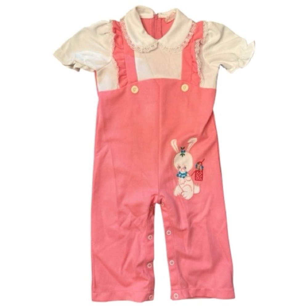Vintage Sears Pink & White Bunny Romper With Lace Collar (Size 32)